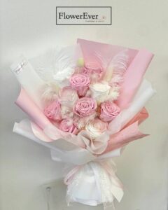 Preserved Rose Bouquet - Pink & White Themed Bouquet w. Feathers